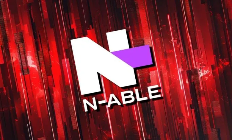 N-able logo on a red and black background with vertical lines.