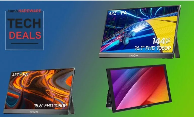 Three portable monitors displayed against a blue and green background; Tom's Hardware Tech Deals banner at the top.