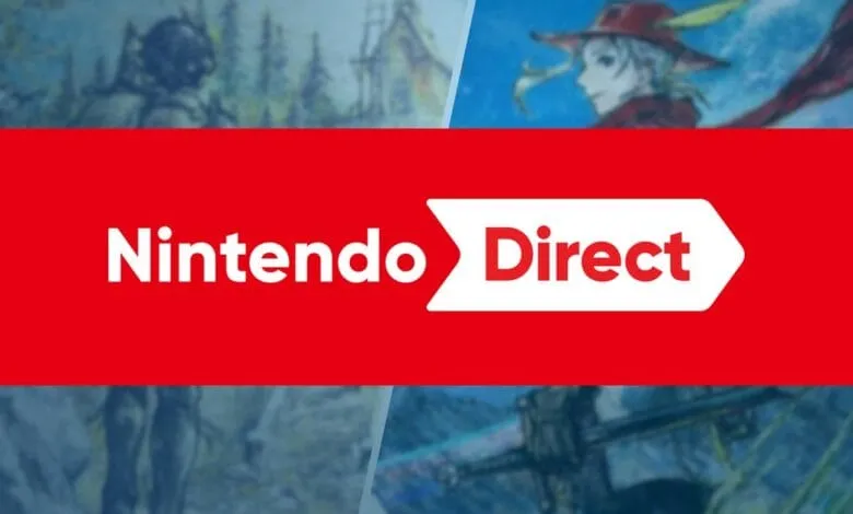 Nintendo Direct announcement graphic with blurred game artwork. Red banner with white Nintendo Direct logo.