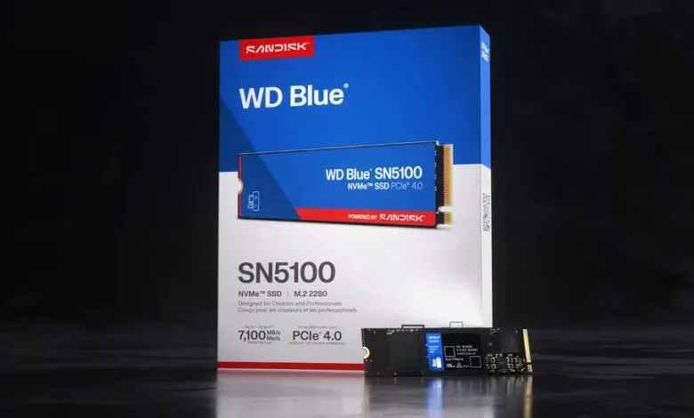 WD Blue SN5100 NVMe SSD PCIe 4.0 in its packaging. High-speed storage for creators and professionals.