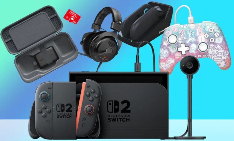 Nintendo Switch 2 accessories: controller, headset, charging dock, webcam, and carrying case.