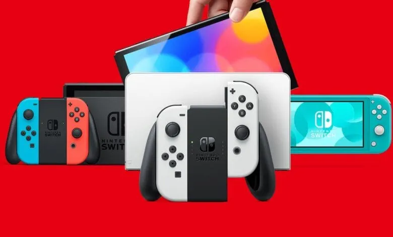 Nintendo Switch family: original model, OLED model, and Switch Lite in teal, displayed against a red background.