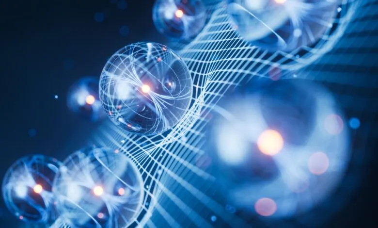 Abstract glowing spheres with intricate internal patterns connected by a blue grid.