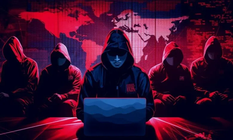 A group of hooded figures sits before a laptop, a world map backdrop displaying red data streams. Cybersecurity threat.