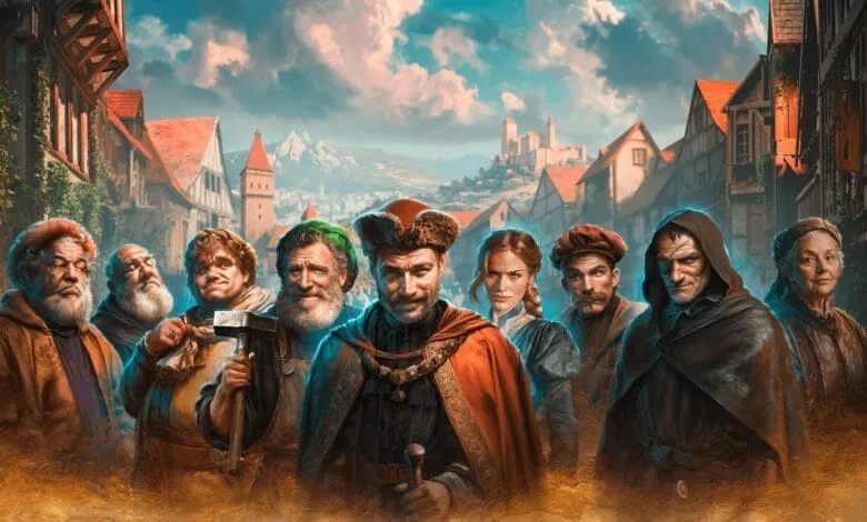 A diverse group of medieval townspeople stand before a quaint village and castle backdrop.