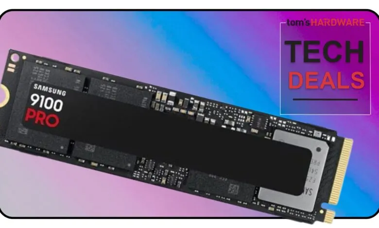 Samsung 9100 Pro NVMe SSD shown against a purple and blue gradient background. Tech Deals graphic in corner.