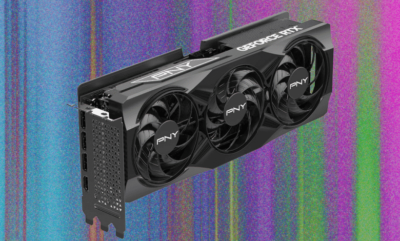PNY GeForce RTX 5070 Ti graphics card with three fans, black casing, and PNY logo.
