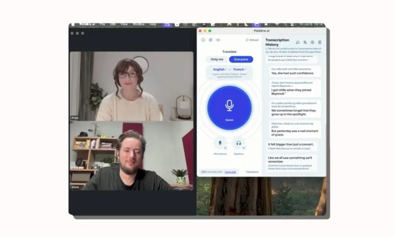 Laptop screen shows a Palabra.ai video call with Ange and Steve; real-time English and French transcriptions are displayed.