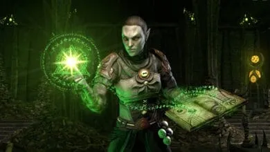 A dark elf sorceress casts a green spell from an ancient book in a dimly lit, gothic-style chamber.
