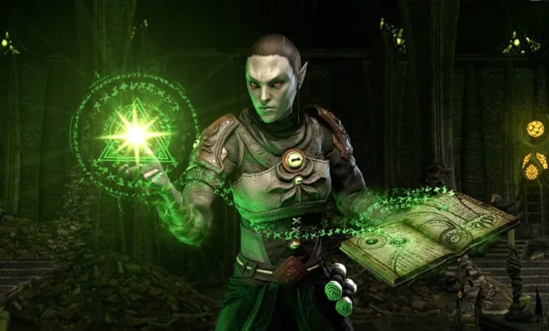 A dark elf sorceress casts a green spell from an ancient book in a dimly lit, gothic-style chamber.
