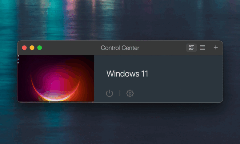 Windows 11 running in Parallels virtual machine, shown in a control center interface with power and settings options.