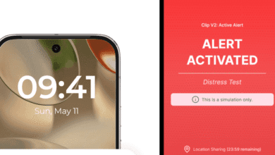 Smartphone displays Pebblebee Clip V2 distress alert: 'ALERT ACTIVATED, Distress Test'. Simulation notice shown.
