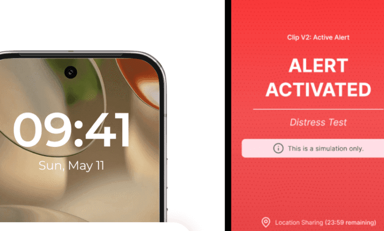 Smartphone displays Pebblebee Clip V2 distress alert: 'ALERT ACTIVATED, Distress Test'. Simulation notice shown.