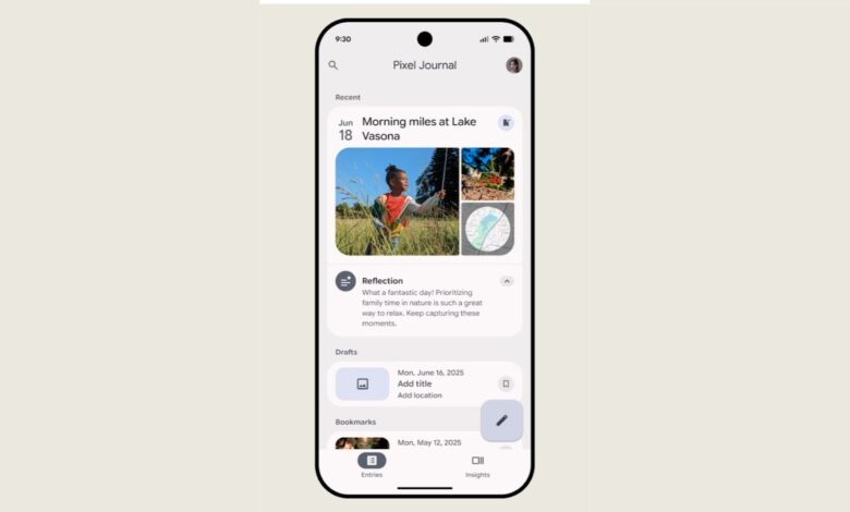 Google Pixel Journal app screenshot showing a photo entry of a child at Lake Vasona with reflection notes.