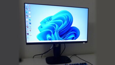 Windows 11 desktop on a computer monitor, showing a blue abstract wallpaper and various app icons.