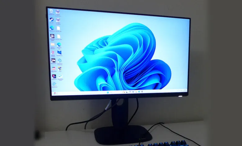 Windows 11 desktop on a computer monitor, showing a blue abstract wallpaper and various app icons.