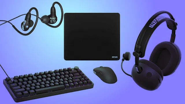 Black gaming peripherals: keyboard, mouse, headset, earbuds, and mousepad.