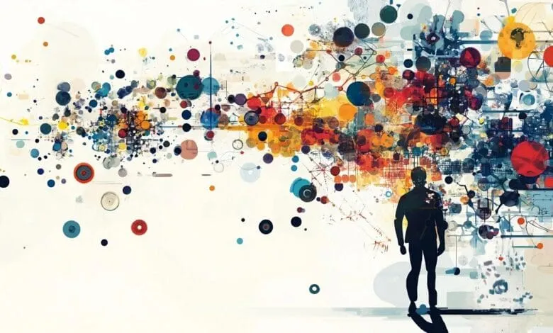 Abstract artwork depicts a person standing before a vibrant explosion of colorful circles and lines, suggesting interconnectedness and ideas.