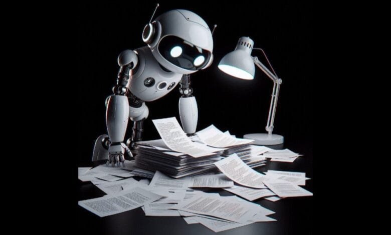 A white robot meticulously examines a large stack of papers under a desk lamp in a dark setting.