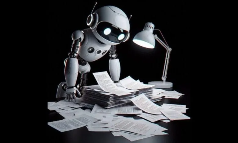 A white robot meticulously examines a large stack of papers under a desk lamp in a dark setting.