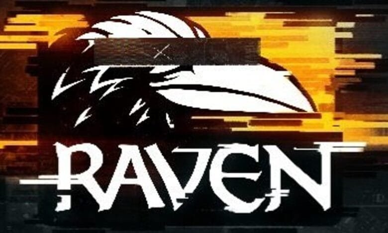 Stylized raven head logo with 'RAVEN' written below, set against a background of orange and black digital glitch effect.