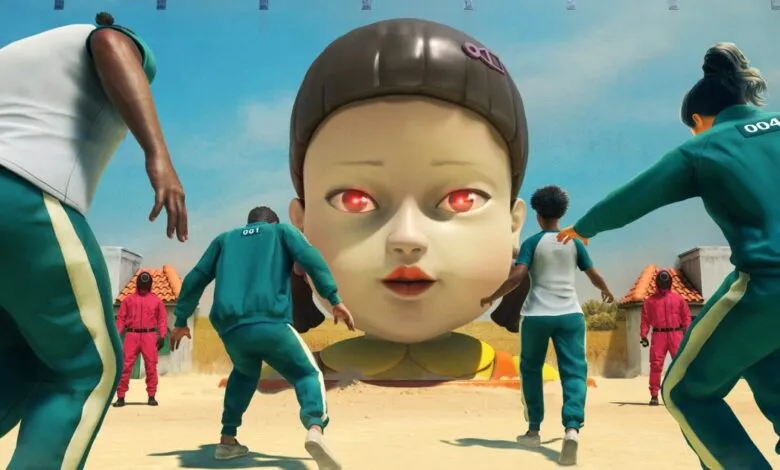 Squid Game contestants run from a giant doll with red glowing eyes.