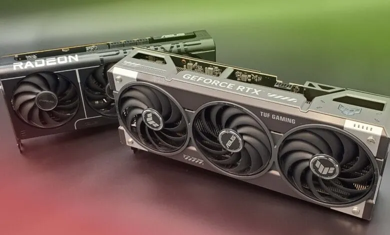 Two graphics cards, a Radeon and a GeForce RTX TUF Gaming, are displayed on a dark surface. The cards are black with silver accents.