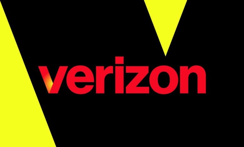 Verizon logo: red text on black background with yellow accents.
