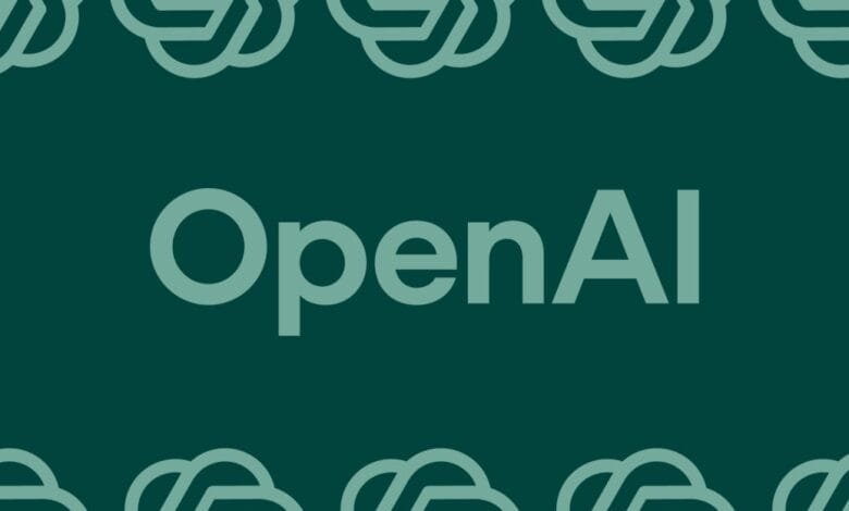 OpenAI logo on a dark teal background with a repeating pattern of abstract shapes.