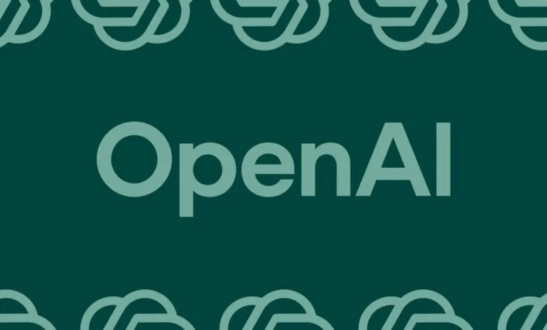 OpenAI logo on a dark teal background with a repeating pattern of abstract shapes.