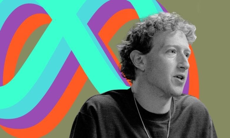Black and white portrait of Mark Zuckerberg, Meta CEO, set against a vibrant, abstract background of swirling teal, purple, and orange lines.