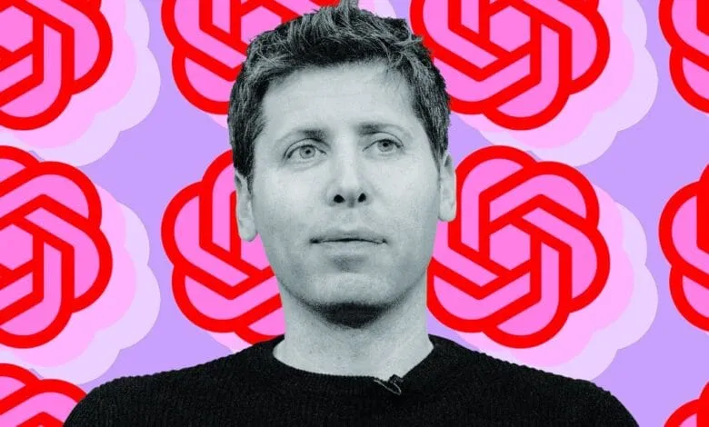 Sam Altman, CEO of OpenAI, in a black and white portrait against a background of pink and red geometric floral patterns.