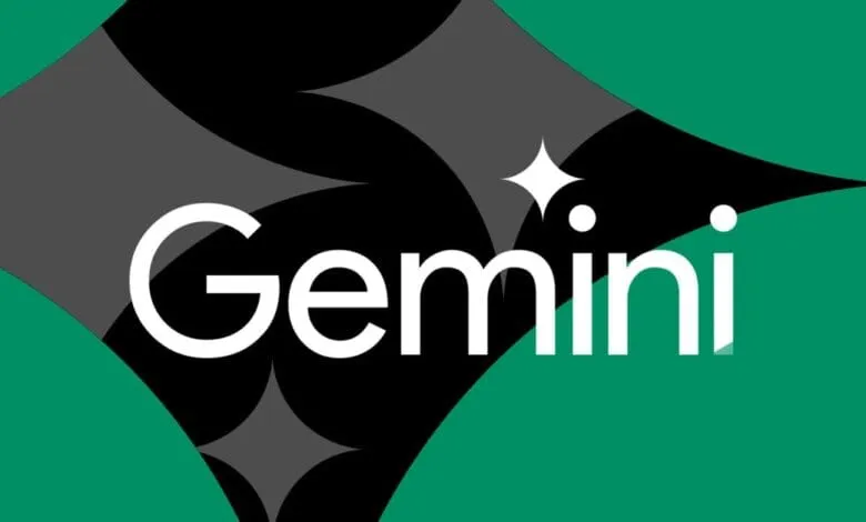 Google Gemini logo: white text on a black and teal background with abstract shapes.