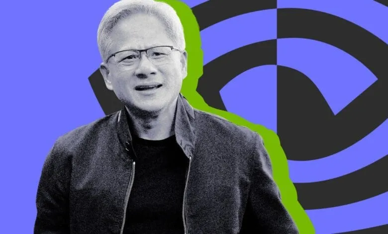 Jensen Huang, CEO of NVIDIA, in a black and white portrait against a vibrant blue, green, and black graphic background.