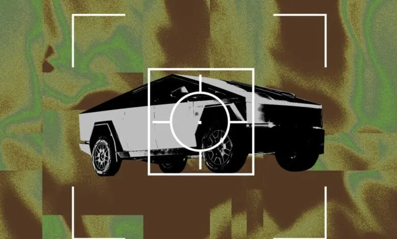 Black and white Tesla Cybertruck in a target graphic, set against a mottled green and brown background.