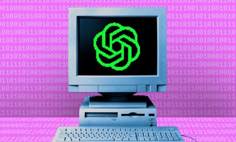 Retro computer with a green pixelated design on its screen, set against a pink background of binary code.