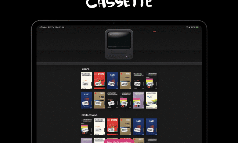 iPad screen displaying the Cassette app, showcasing a retro-styled interface with video cassette collections organized by year and type.