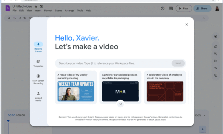 Google Vids interface showing video creation options for user Xavier, with templates for marketing, product pitches, and employee celebrations.