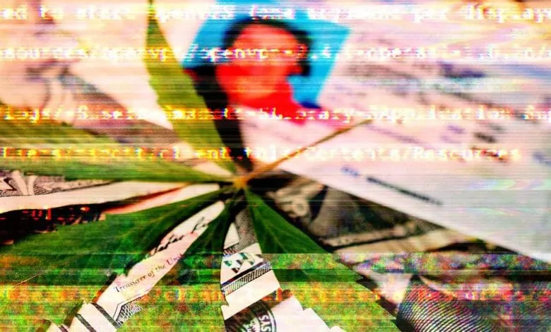 Marijuana leaf atop US currency; a distorted face is superimposed, symbolizing cannabis industry finances.