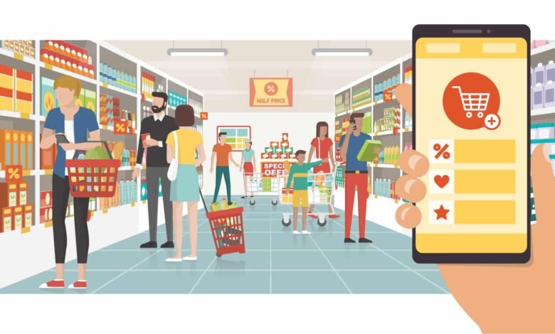 Grocery shoppers in a supermarket aisle with a smartphone app showing a shopping cart, percentage discounts, heart, and star icons.