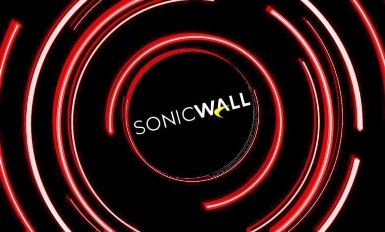 SonicWall logo centered in a black circle surrounded by concentric red rings on a black background.