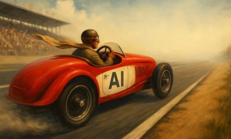A vintage red race car, marked 'AI', speeds down a track, leaving a trail of dust. A cheering crowd and grandstand blur in the background.