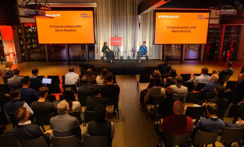 Mark Rostick speaks at StrictlyVC NYC event with Intel Capital. Audience listens attentively.