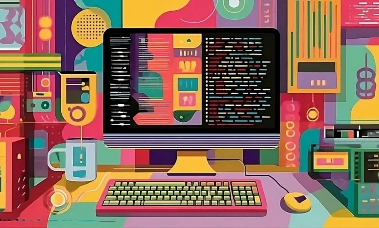 Vibrant illustration of a computer screen displaying code, surrounded by retro tech gadgets in bold colors.
