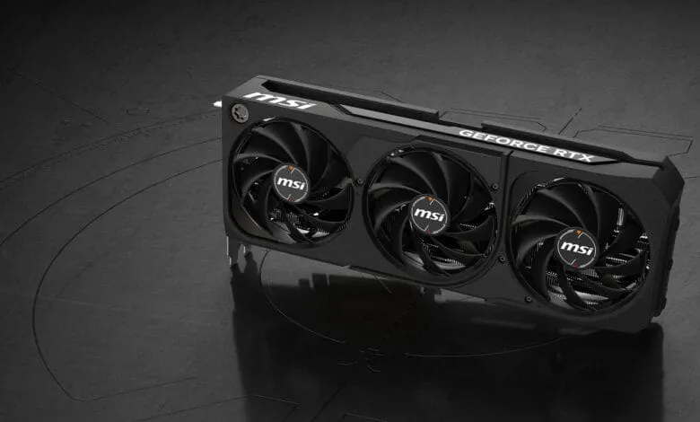MSI GeForce RTX graphics card with three fans, black and sleek design, on a dark surface.