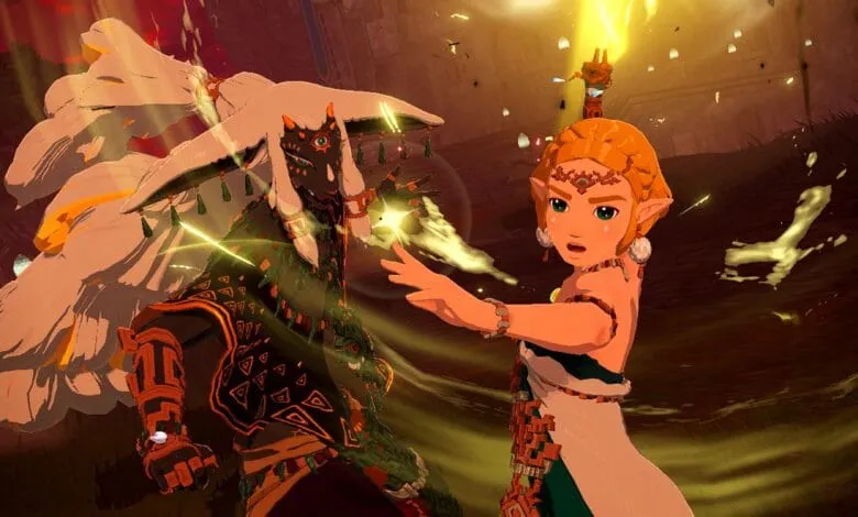 Zelda confronts a large, imposing figure in Hyrule Warriors: Age of Calamity. Golden light and particles surround them.