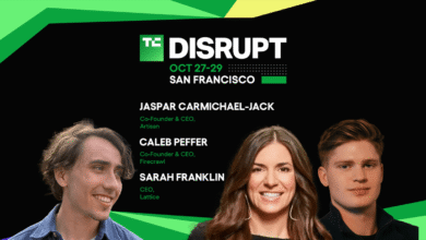 Headshots of Jaspar Carmichael-Jack, Caleb Peffer, and Sarah Franklin, speakers at TechCrunch Disrupt in San Francisco.