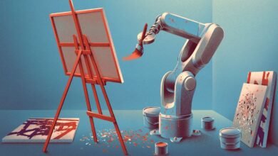 Robot arm painting on canvas, AI art concept.