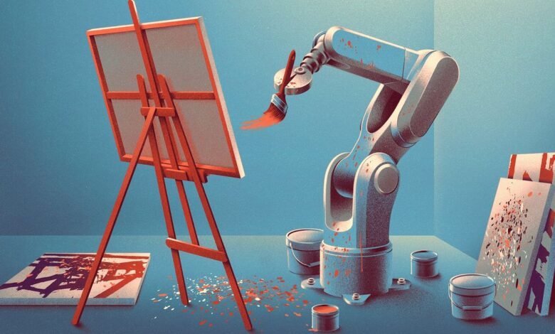 Robot arm painting on canvas, AI art concept.