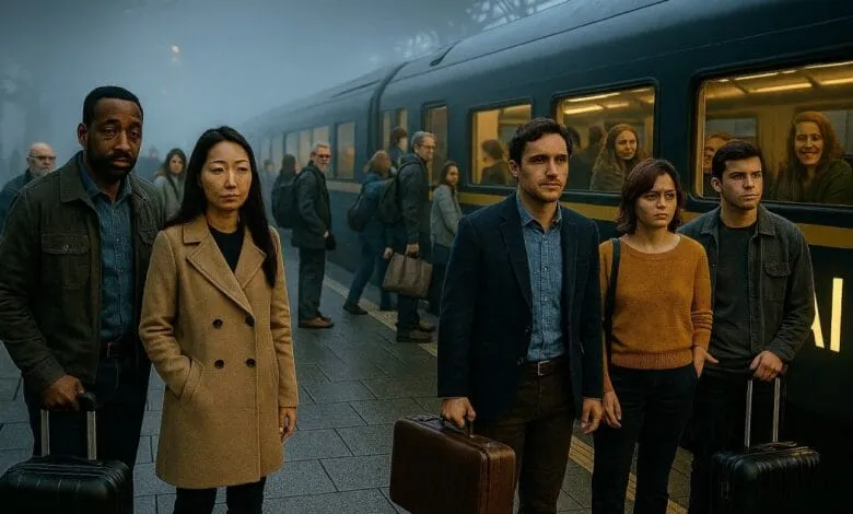 A group of diverse passengers stand on a foggy train platform, luggage in hand, awaiting departure. A dark, sleek train is visible in the background.